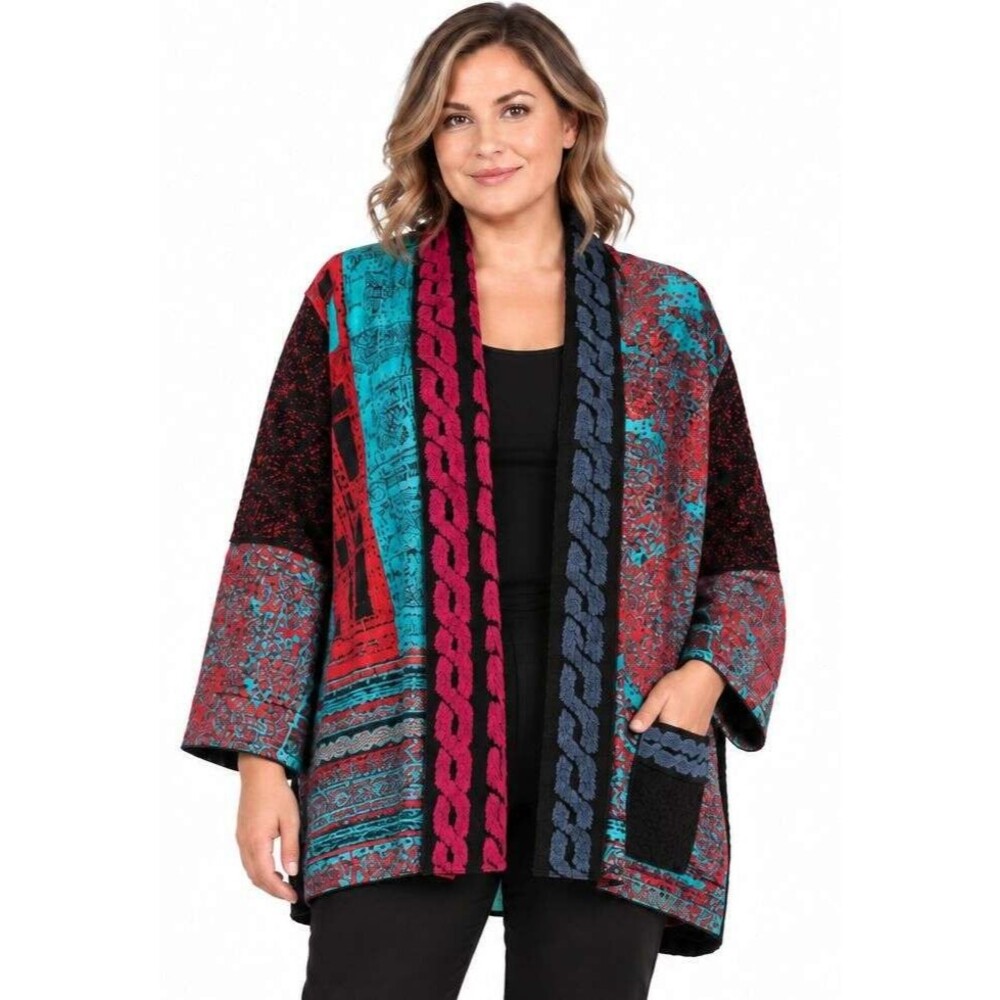Ali Miles 1X Abstract Artsy Tapestry Chenille 1 Button Chenille Cardigan Jacket